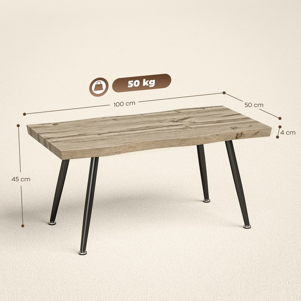 Mesa de Centro Moderna com Tampo Espesso de 4 cm, Pés de Aço, 100x50x45 cm, Carvalho