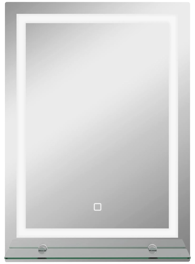 kleankin Espelho para Casa de Banho 50x70 cm com Moldura de Alumínio, Luzes LED Interruptor Tátil e Prateleira de Vidro para Casa de Banho Prata