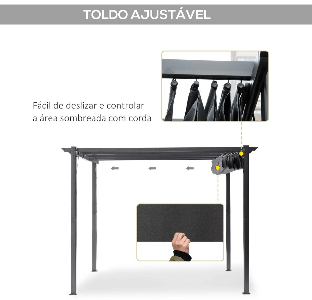 Pérgola de Jardim 300x300x223 cm com Toldo de Poliéster Retrátil e Est