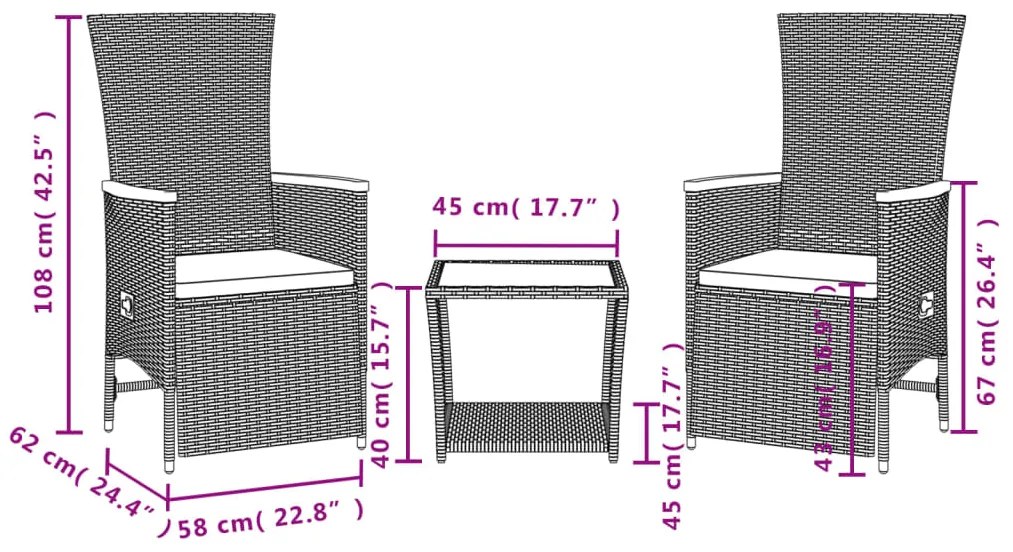 3 pcs conjunto de jantar p/ jardim c/ almofadões vime PE preto