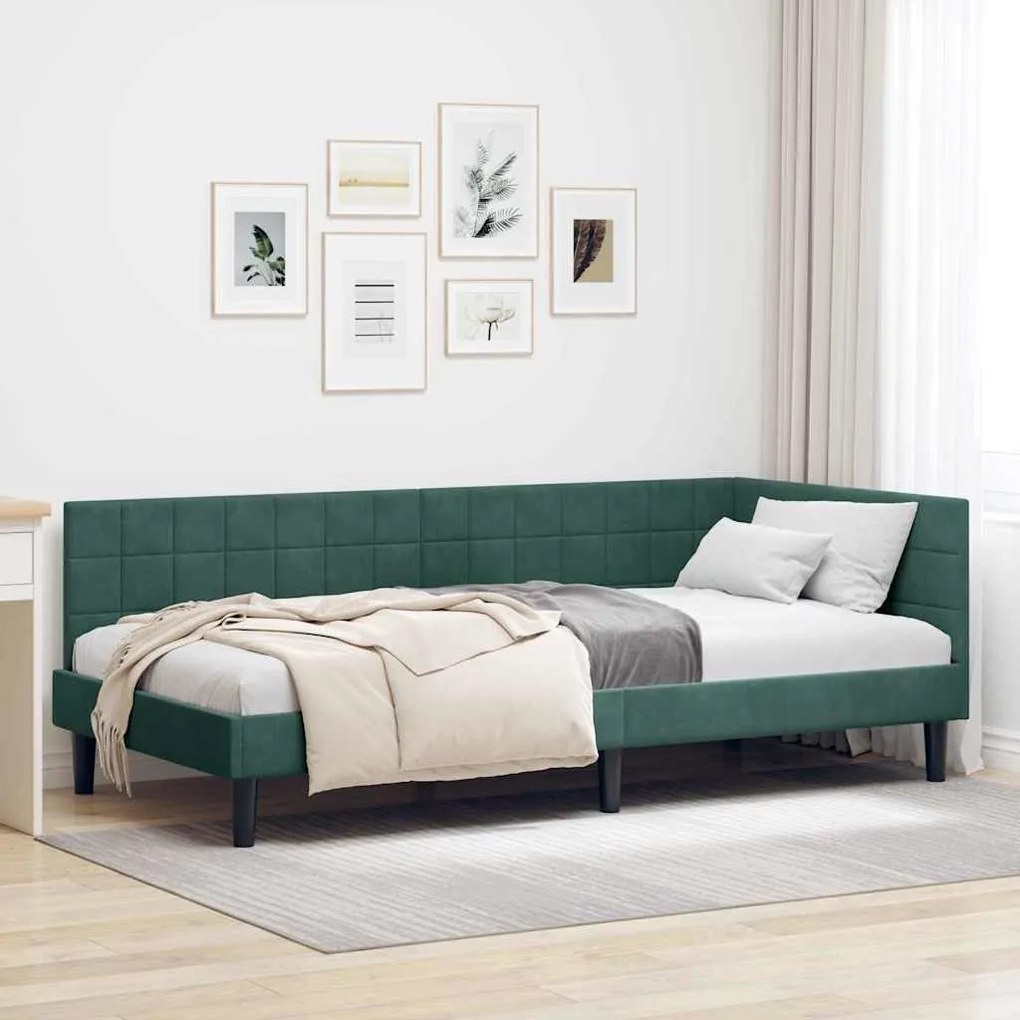 vidaXL Estrutura de Cama de Canto Verde Escuro 90 cm x 200 cm Veludo