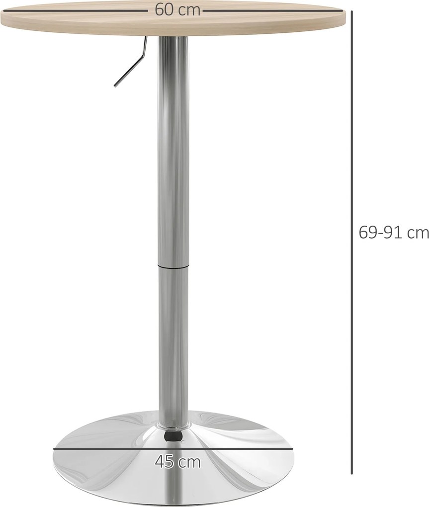 Mesa Alta de Bar Redonda (BANCOS NÃO INCLUIDOS) para 2 Pessoas Altura Ajustável Tampo Giratório 360° 60x60x91 cm Carvalho Claro