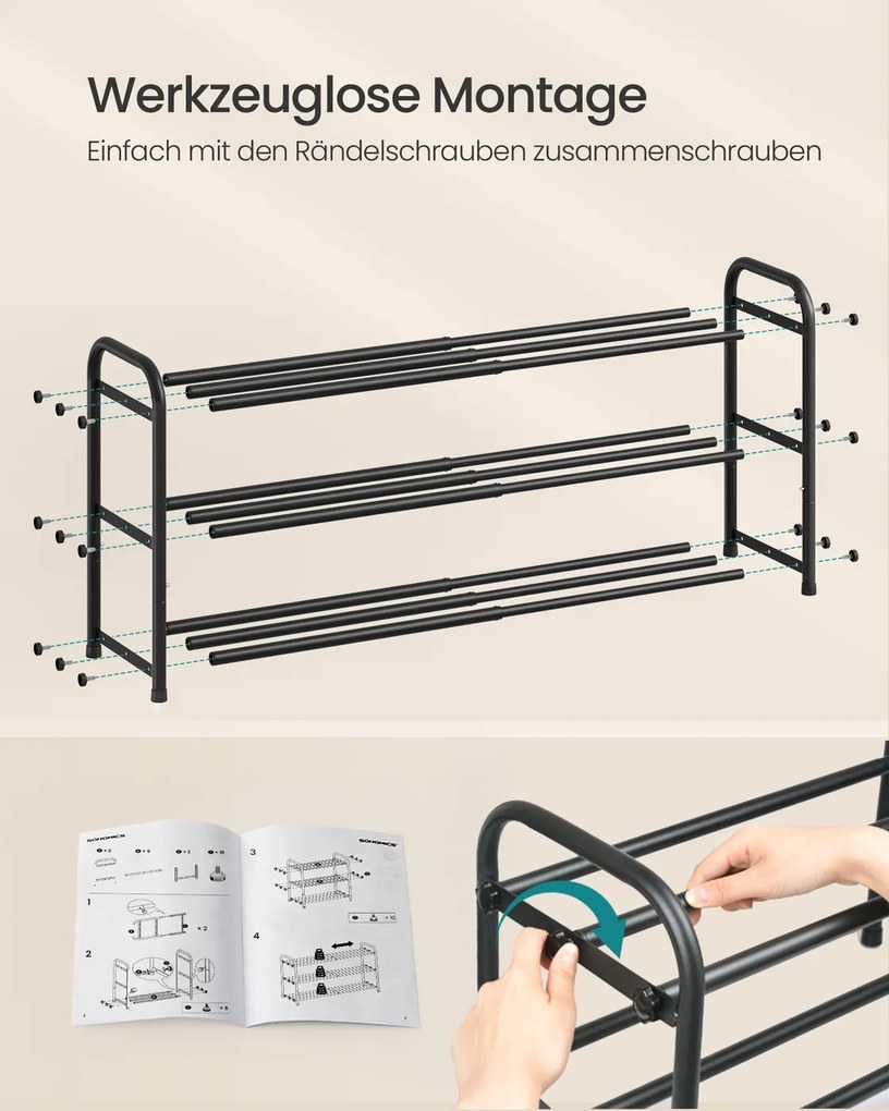 Sapateira extensível com prateleiras ajustáveis 25 x (44,5-82,4) x 47,7 cm, 3 níveis, em metal Preto