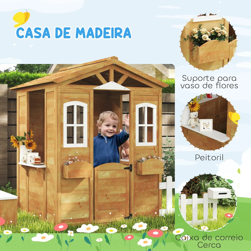 Casa de Madeira para Crianças com Caixa de Correios Banco e Floreira 205x119x140 cm Madeira e Branco