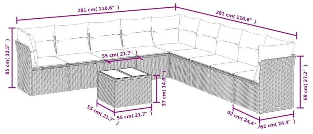 10 pcs conjunto sofás de jardim c/ almofadões vime PE cinzento