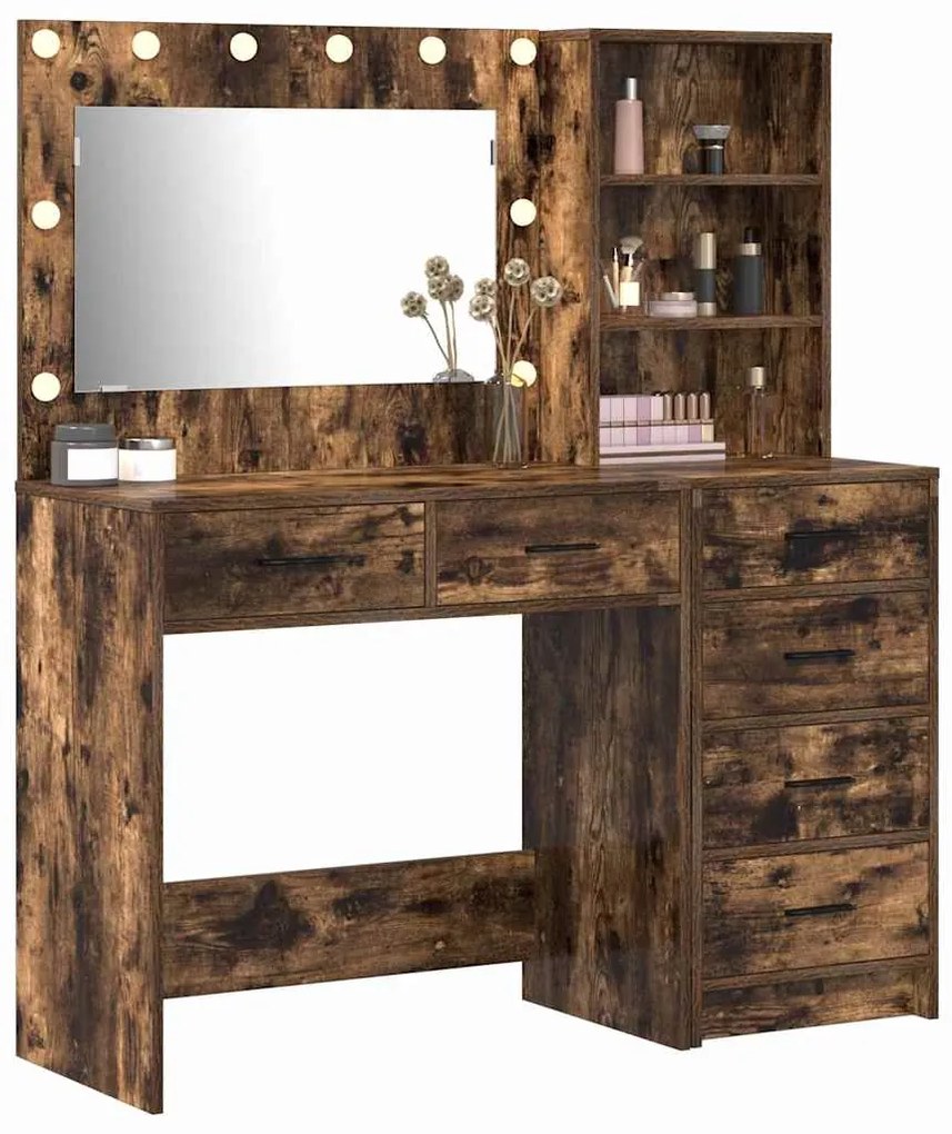 Conjunto de Penteadeira de 2 Peças com LED em Madeira de Carvalho Fuma