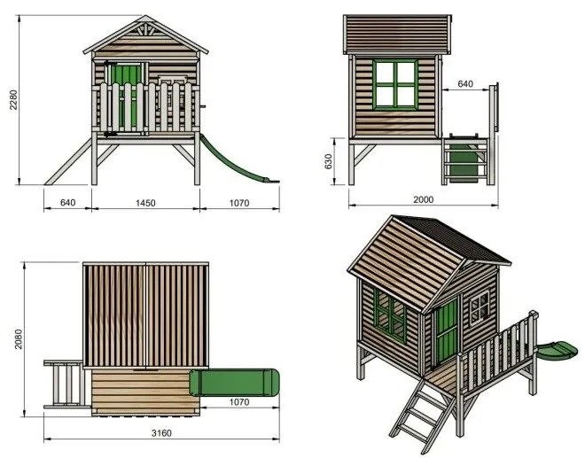 Casa de brincar para crianças  200 x 209,5 x 225,5 cm de madeira em painéis FLAM elevada 60 Com escorrega Rosa