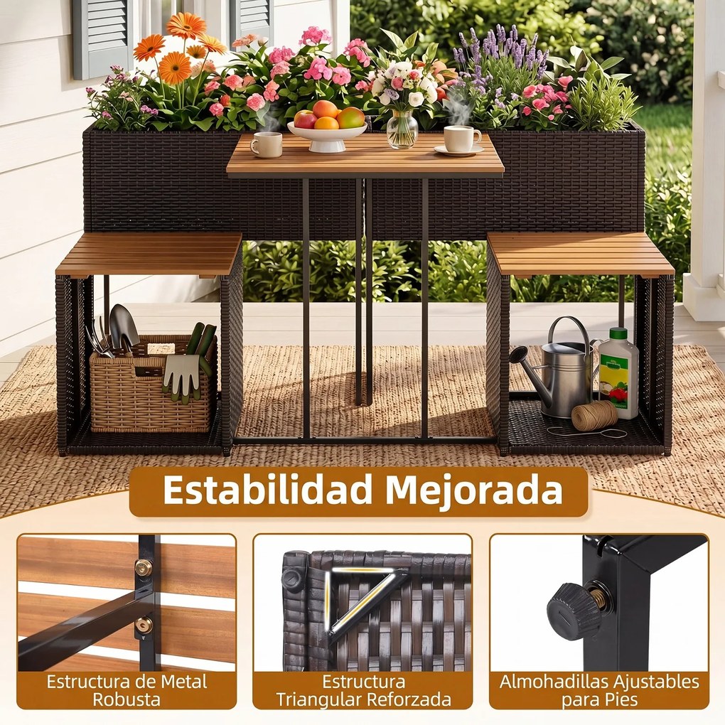 Conjunto de Canteiro Elevado, Mesa e 2 Cadeiras de Jardim, 150 x 70 x 73 cm, Arrumação Integrada, Castanho