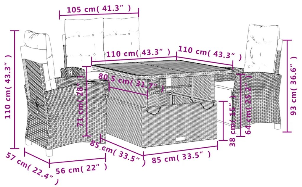4 pcs conjunto de jardim p/ jardim c/ almofadões vime PE preto