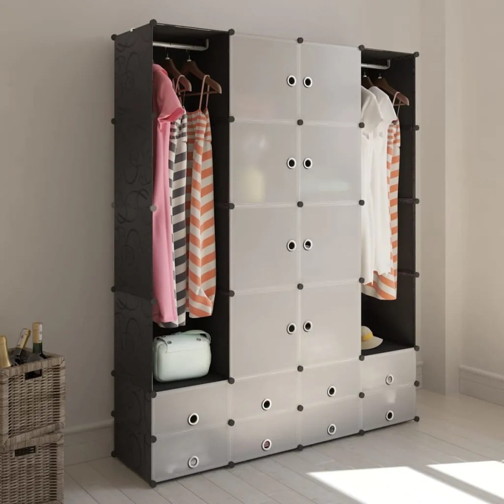 240501 vidaXL Armário plástico modular 18 gavetas 37x146x180,5cm preto branco