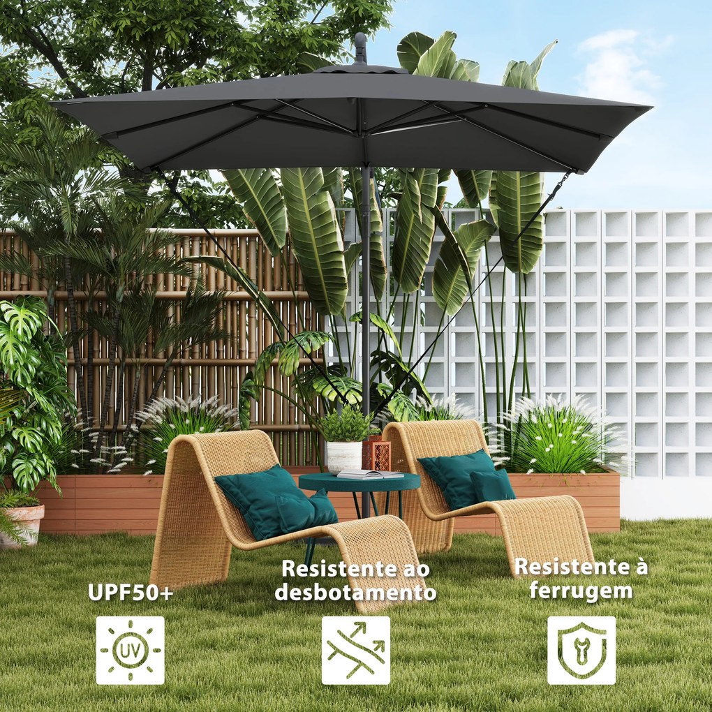 Chapéu de Sol Excêntrico 247x247 cm com Base Cruzada Capa Ajustável Manivela Capa Protectora e Corda de Vento Cinza Escuro