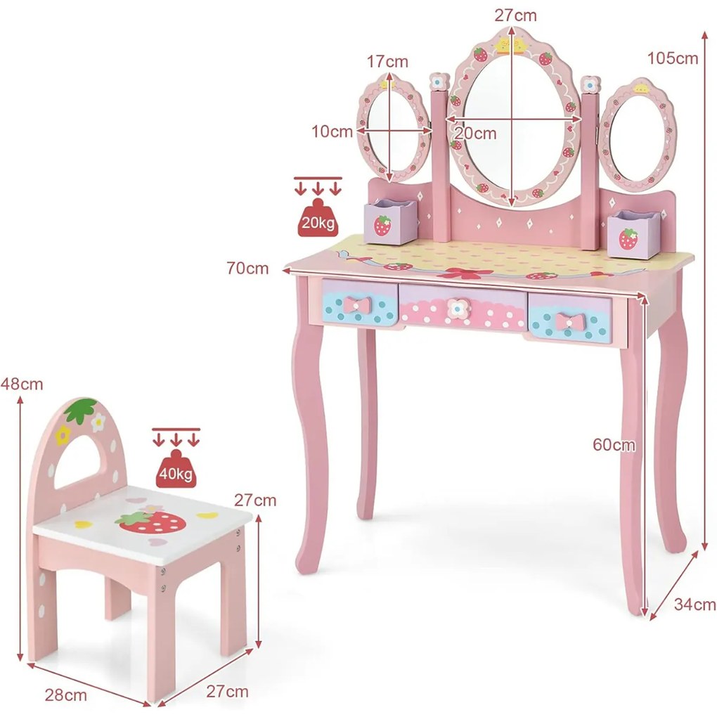 Conjunto de Toucador para Crianças com Mesa e Cadeira Mesa de Maquilhagem 2 em 1 com Espelho Tri-Flex Destacável e Gavetas Princesa Rosa