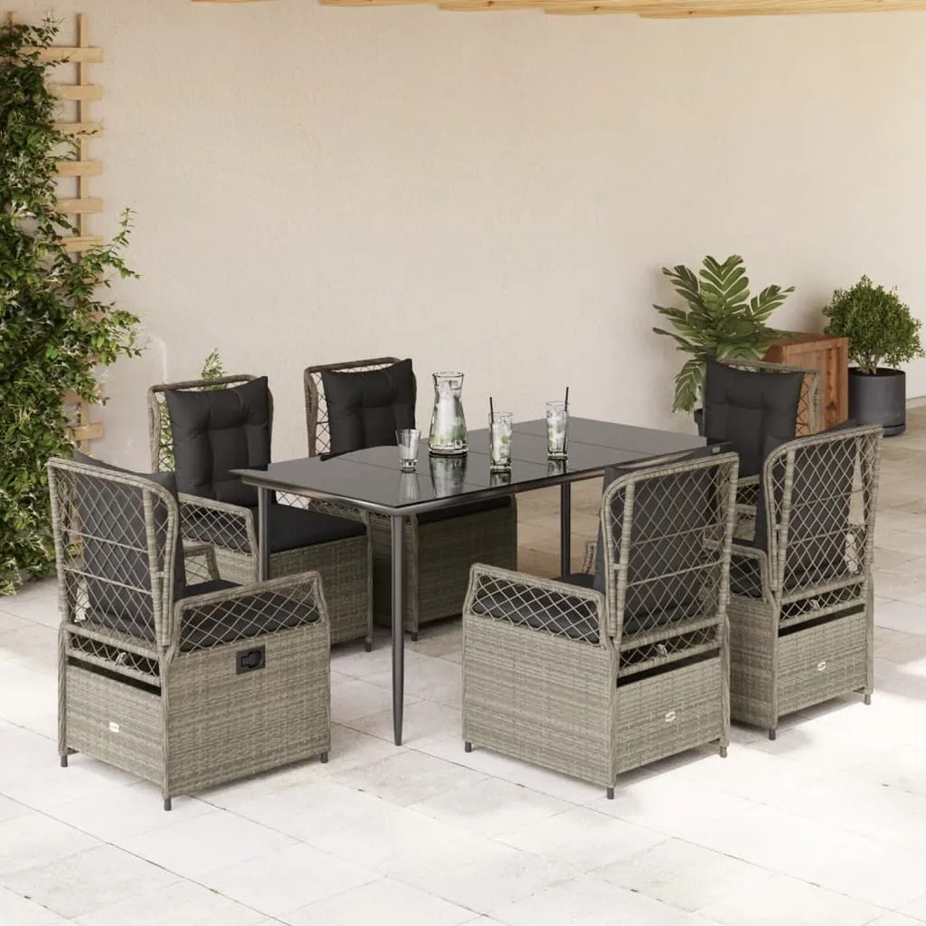 7 pcs conj. jantar p/ jardim c/ almofadões vime PE cinza-claro