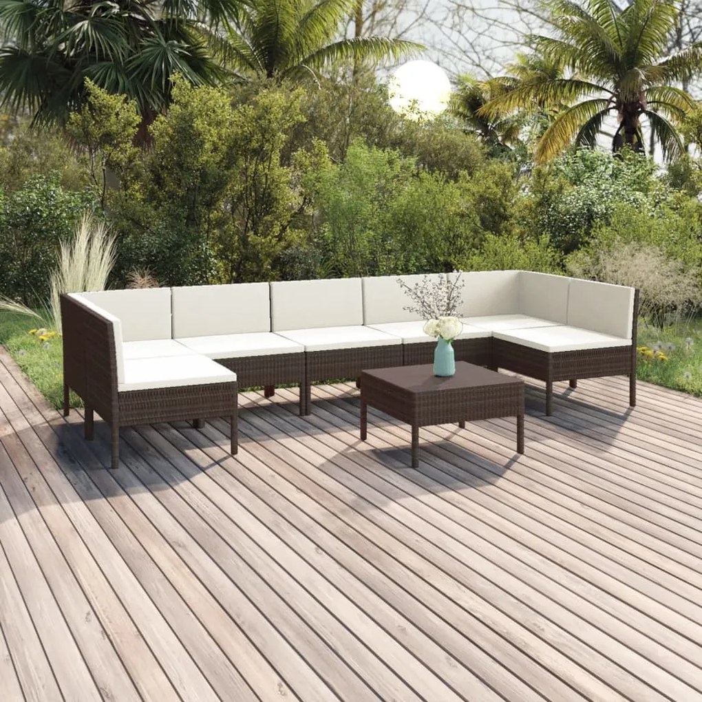 vidaXL 8 pcs conjunto lounge jardim c/ almofadões vime PE castanho