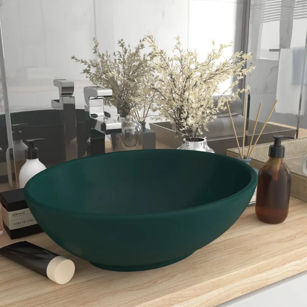 146926 vidaXL Lavatório luxuoso oval 40x33cm cerâmica verde-escuro mate