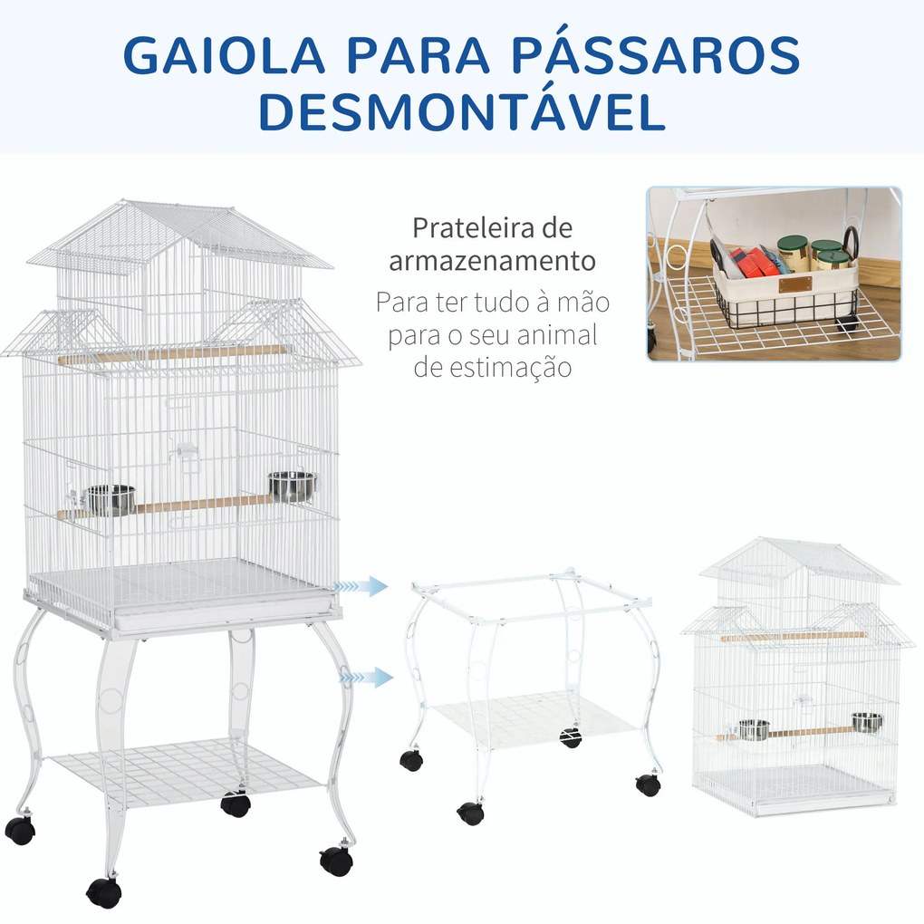 Gaiola para Pássaros com Rodas Gaiola Grande com Suporte 50x49x137cm com Bandeja Amovível Portas Comedouro Poleiro e Prateleira Inferior para Canários