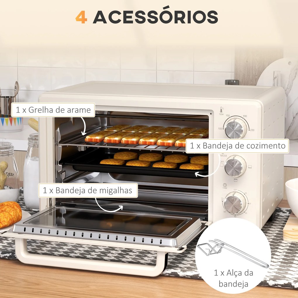Mini Forno Elétrico 21L 1400W com Temporizador até 60min e Temperatura Ajustável até 230℃ 46x38,5x29 cm Creme e Prata