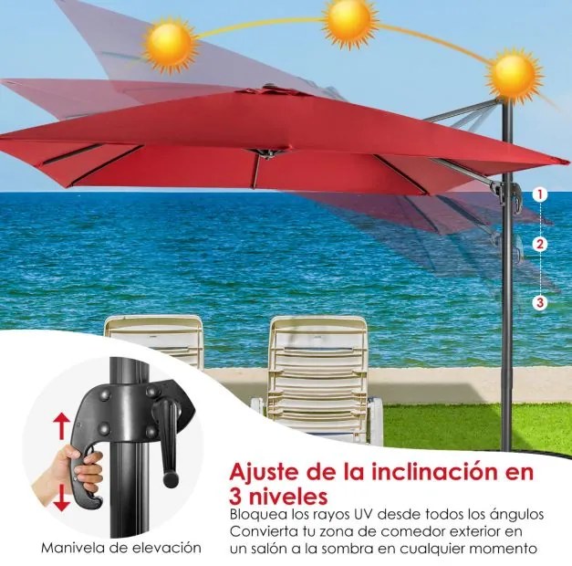 Guarda-sol 300 cm para jardim com manivela, 3 inclinações, rotação de 360°, 8 varas, base cruzada Vermelho
