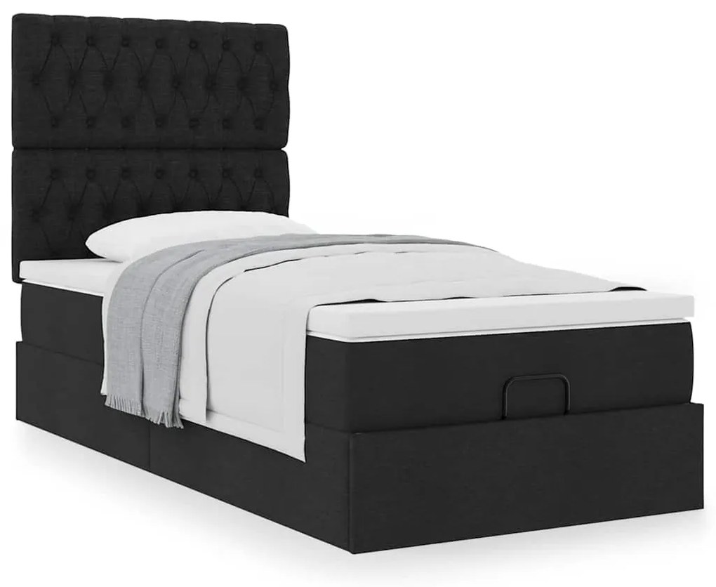 Cama otomana com colchão 100x200 cm tecido preto