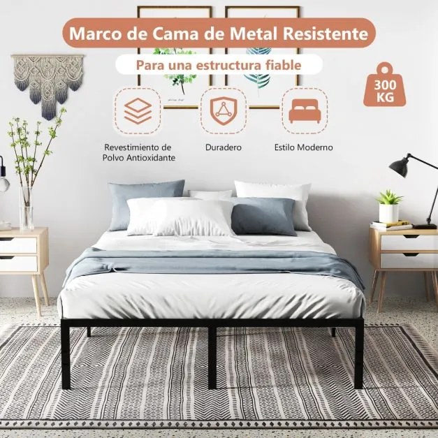 Estrutura de cama de metal simples e resistente de tamanho 201 x 151 x 36 cm com suporte de ripas de ferro e arrumação Preta