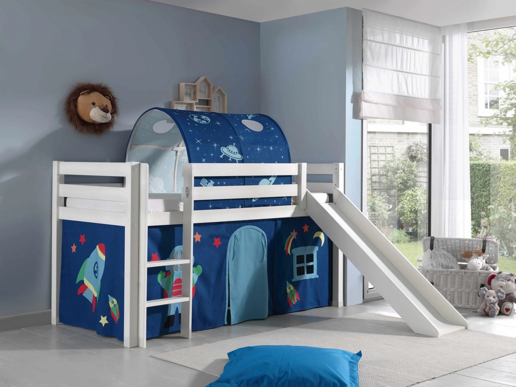 Conjunto Cama alta de Criança PINO 90 x 200 cm + estrado + escada + escorrega + cortina + túnel Astronauta branca