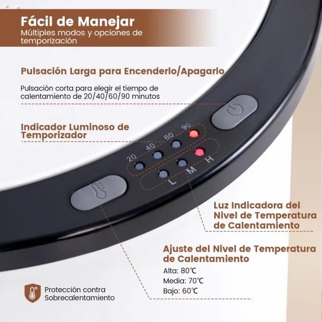 Aquecedor de toalhas Cubo 23L com 3 níveis de aquecimento Temporizador de 20/40/60/90 minutos Branco e Preto
