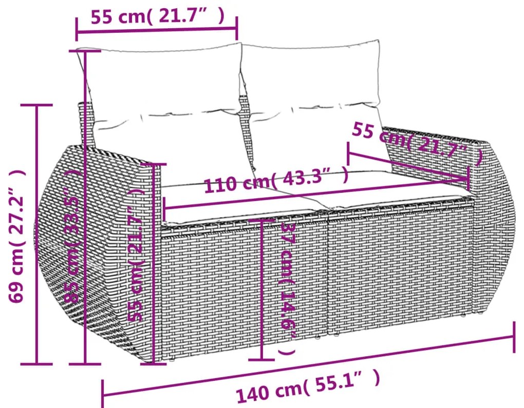 10 pcs conjunto de sofás p/ jardim com almofadões vime PE bege