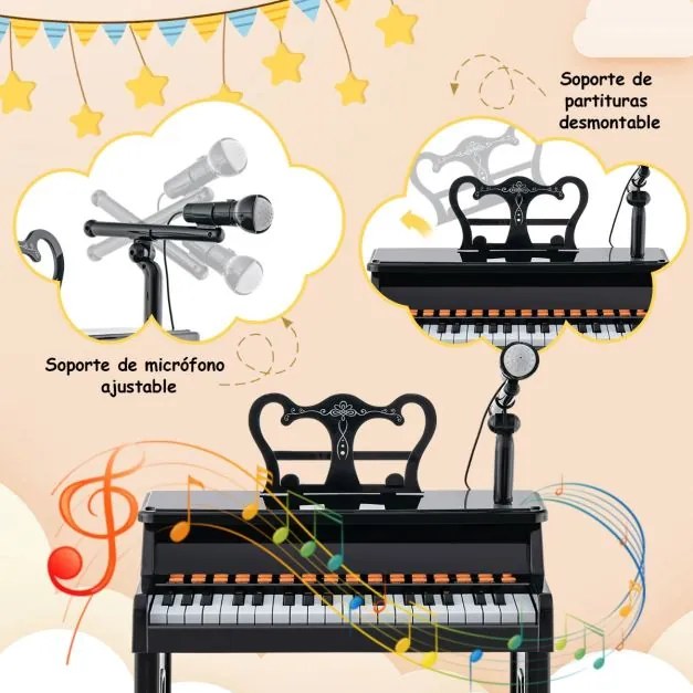 Piano para crianças de 3 anos eletrónico com 37 teclas, microfone ajustável e suporte de música amovível Preto