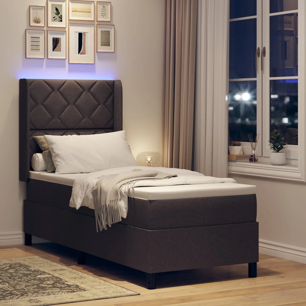 Cama Box Spring vidaXL com Colchão e LED Marrom Escuro 90x190 cm Tecid