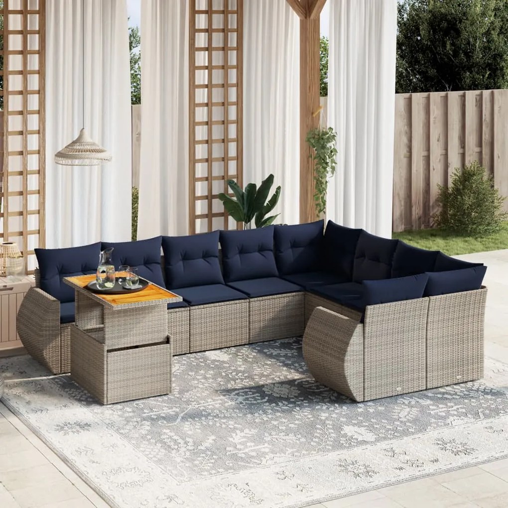 vidaXL 10 pcs conjunto sofás p/ jardim c/ almofadões vime PE cinzento