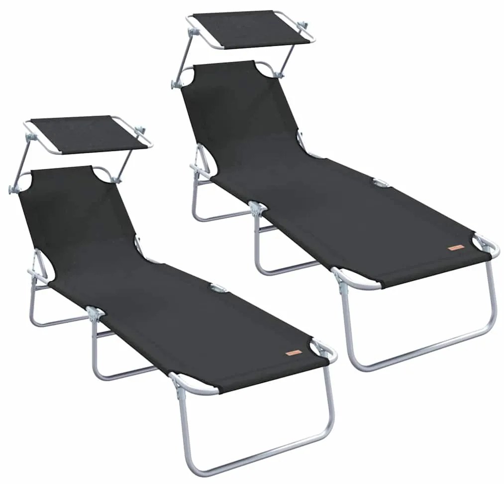 Espreguiçadeiras Dobráveis 2 pcs com Teto Preto Tecido Oxford 600D