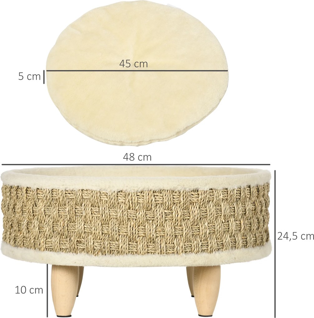 Cama Elevada para Gatos e Cães Miniatura com Almofada Lavável Corda de Seagrass Estrutura de Madeira Ø48x24,5 cm Bege