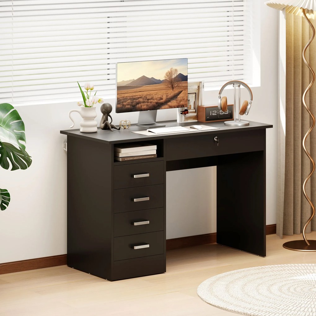 Secretária moderna com 5 gavetas 110 x 50 x 76 cm, tampo amplo, 1 compartimento aberto, gaveta com fechadura, preta