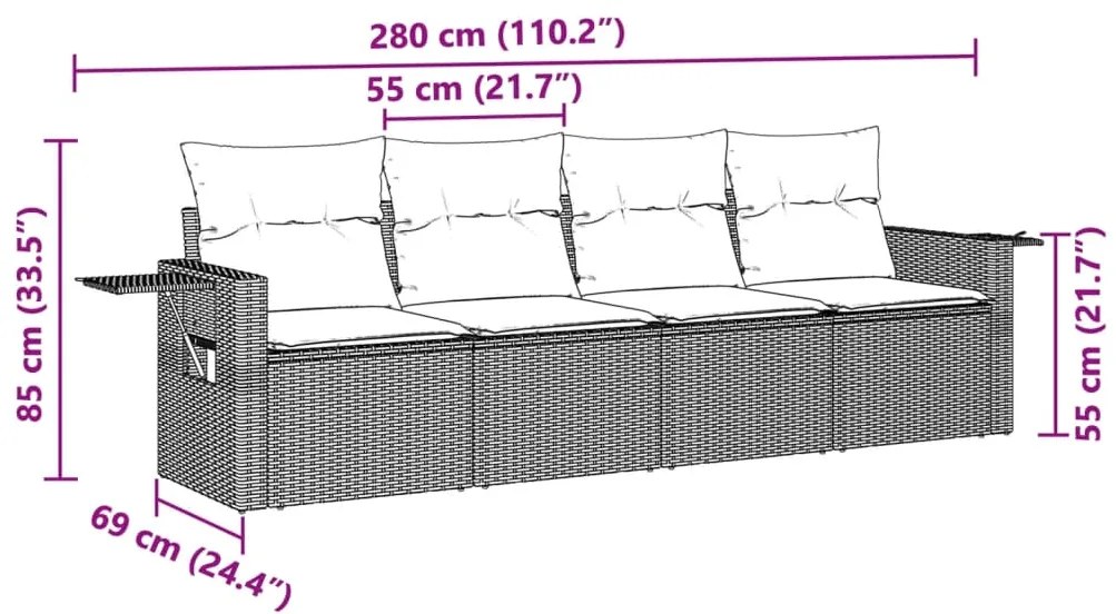 4 pcs conj. sofás jardim c/ almofadões vime PE cinzento-claro