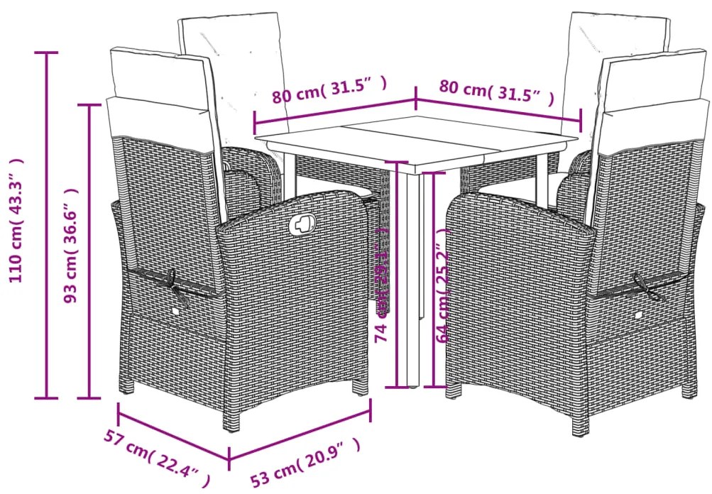 5 pcs conjunto de jantar p/ jardim c/ almofadões cinzento claro