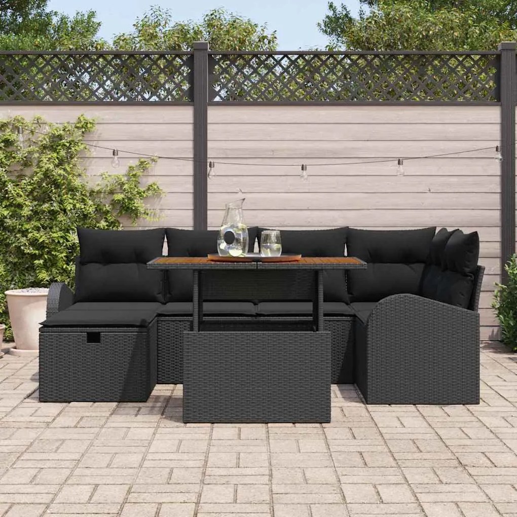 Conjunto de Sofá de Jardim de 7 Peças com Almofadas Pretas de Rattan e
