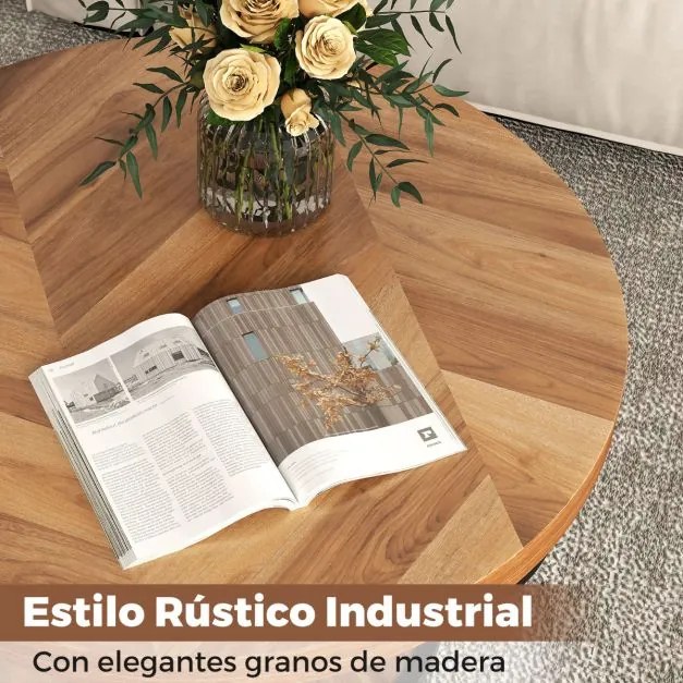 Mesa de centro redonda de 2 níveis com arrumação Mesa de chá de 80 cm com estrutura metálica Mesa de apoio para sala de estar Natural/preto