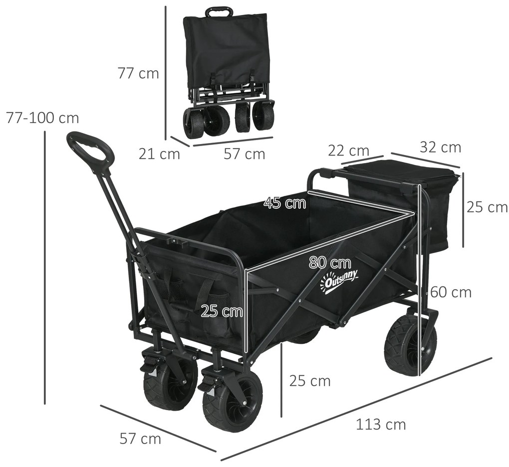 Carrinho de Transporte Dobrável com Bolsa Térmica Removível Capacidade 100 kg para Campismo Praia 113x57x77-100 cm Preto