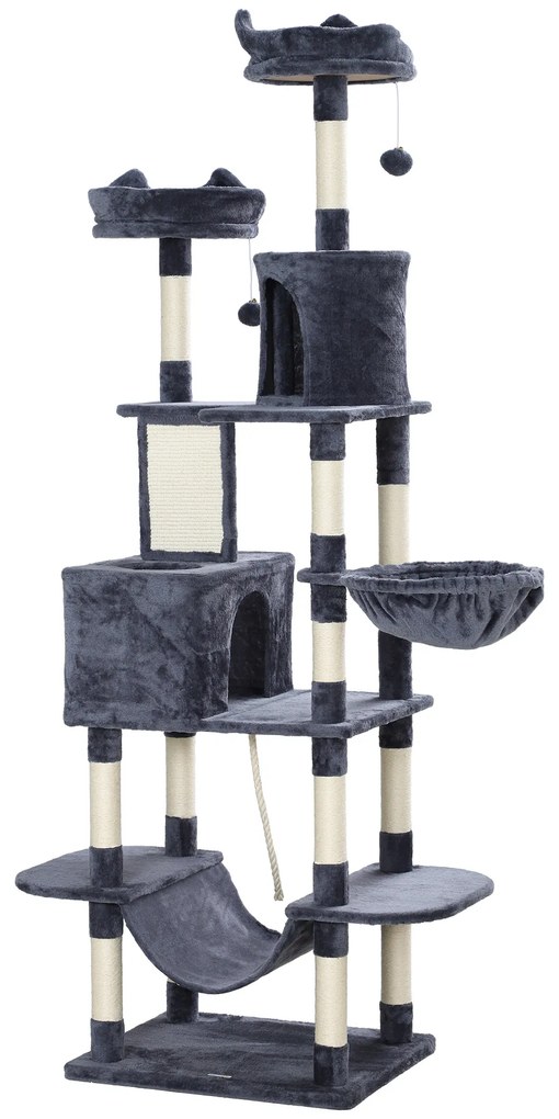 Arranhador para Gatos Grande 60x50x206 cm Torre para Gatos com Plataformas Caverna Bolas Suspensa e Rede Cinza Escuro