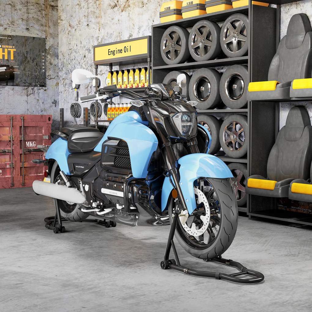 Suporte para roda dianteira e traseira com capacidade para 390 kg; suporte de oficina para motos com braço ajustável em aço, garfo em forma de U + L,