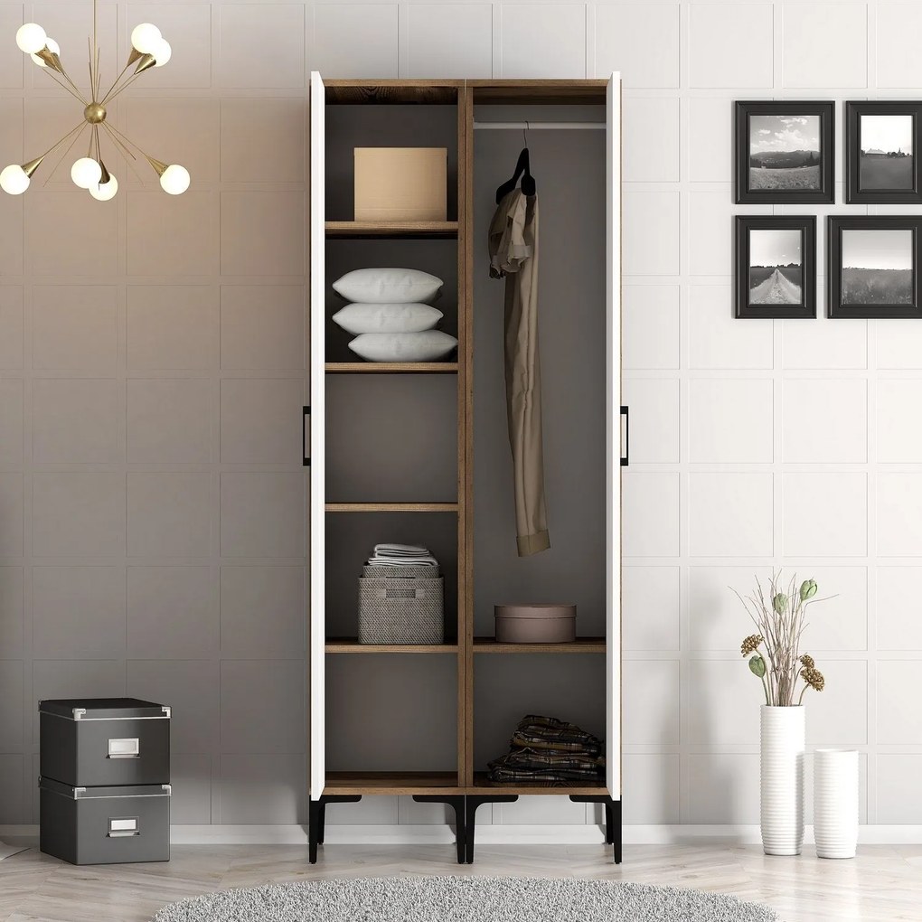 Roupeiro Kumsal SS – Nogueira e Branco – 80 cm x 47,5 cm x 201,4 cm