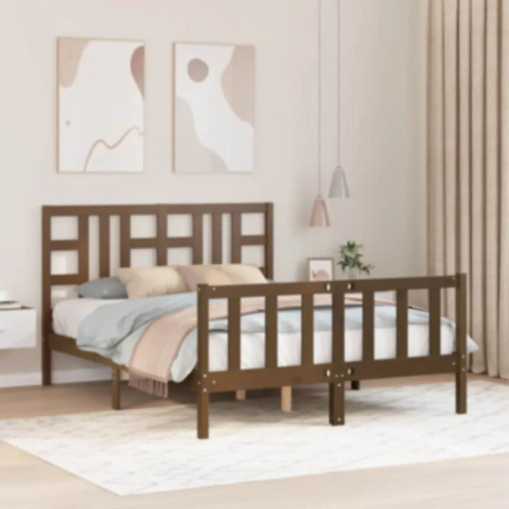 Estrutura cama cabeceira 140x200 cm madeira maciça castanho-mel