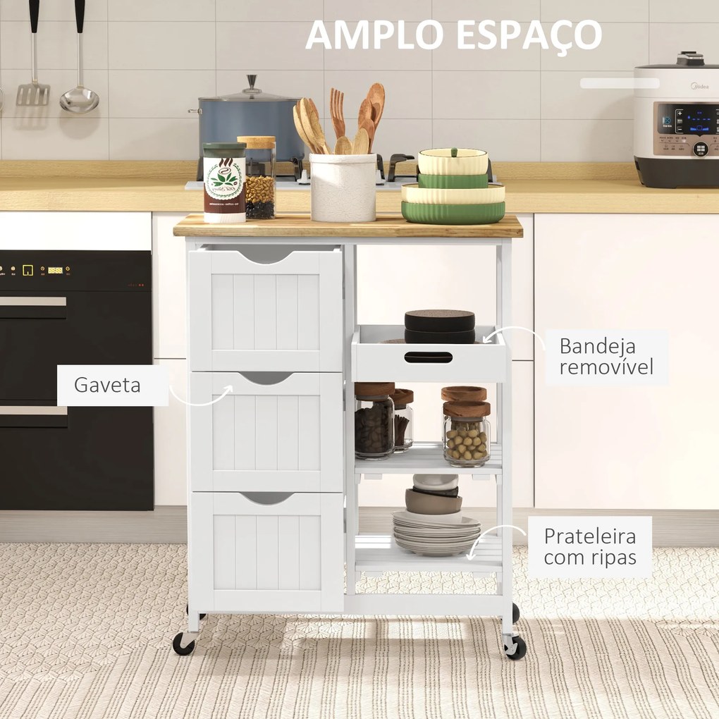 Carrinho de Cozinha com Rodas Carrinho de Serviço com 3 Gavetas 2 Prateleiras Abertas e Bandeja 67x37x85,5 cm Branco