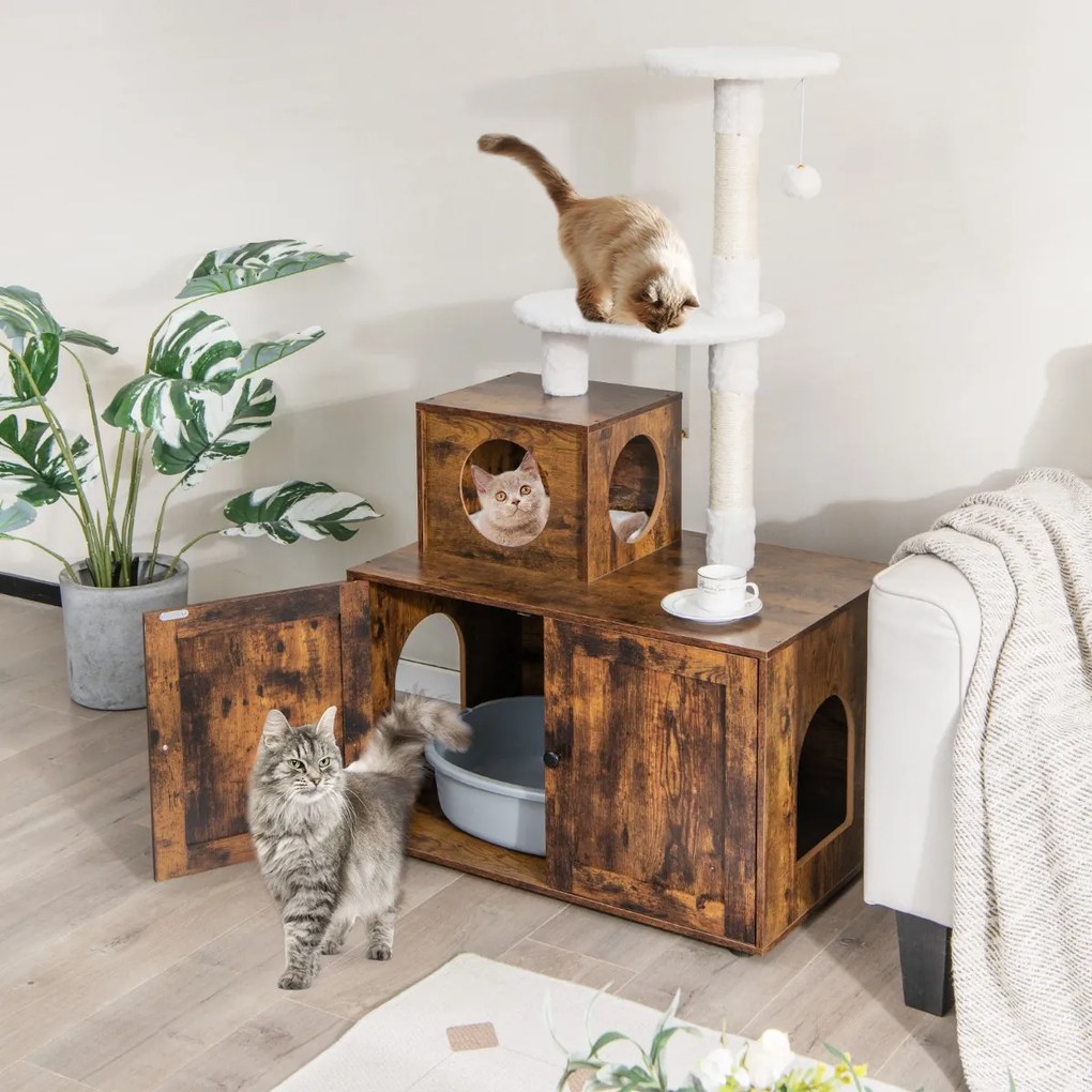 Casa de madeira para gatos com caixa de areia e armário arranhador com esconderijo e divisória 77,5 x 49 x 132 cm