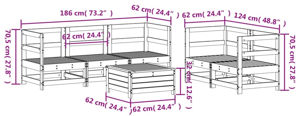 6 pcs conjunto sofás de jardim madeira de pinho maciça