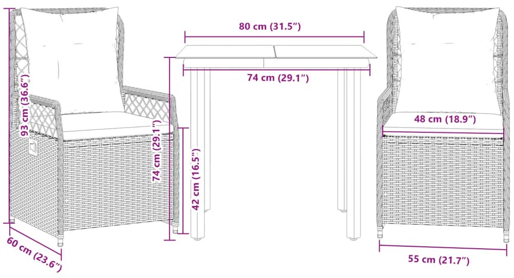 3 pcs conjunto de jantar p/ jardim com almofadões vime PE bege