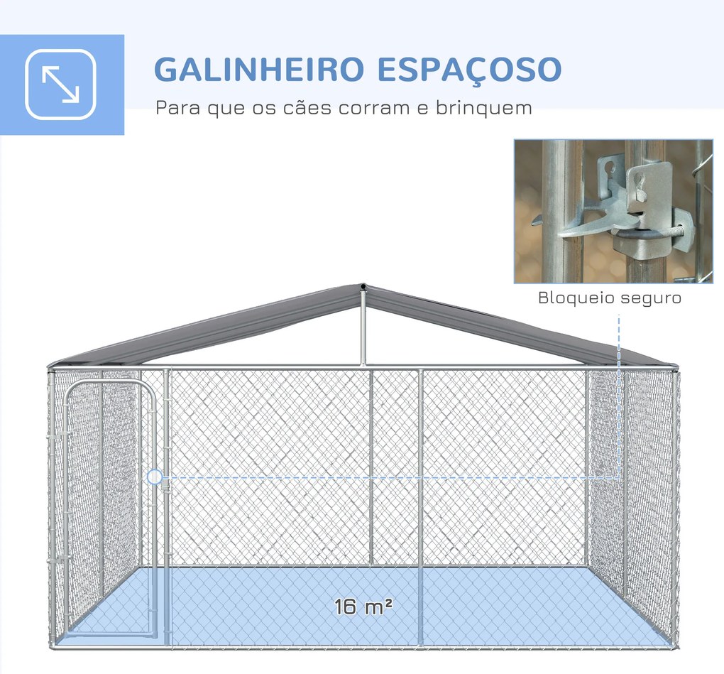 Canil de Exterior 4x4x2,3 cm com Toldo Anti-UV Recinto para Cães com Porta com Trava e Estrutura de Metal  Prata