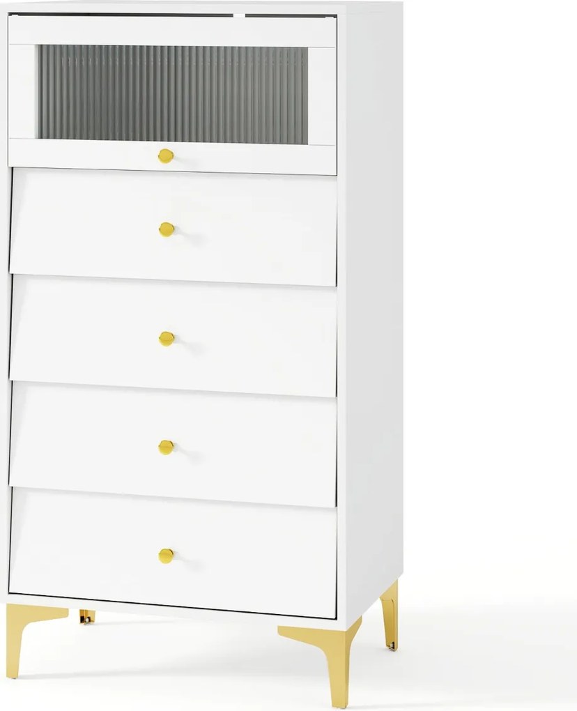Cómoda 4 gavetas moderna 60 x 40 x 112,5 cm com porta de vidro canelado e gavetas extraíveis Pernas metálicas Branca