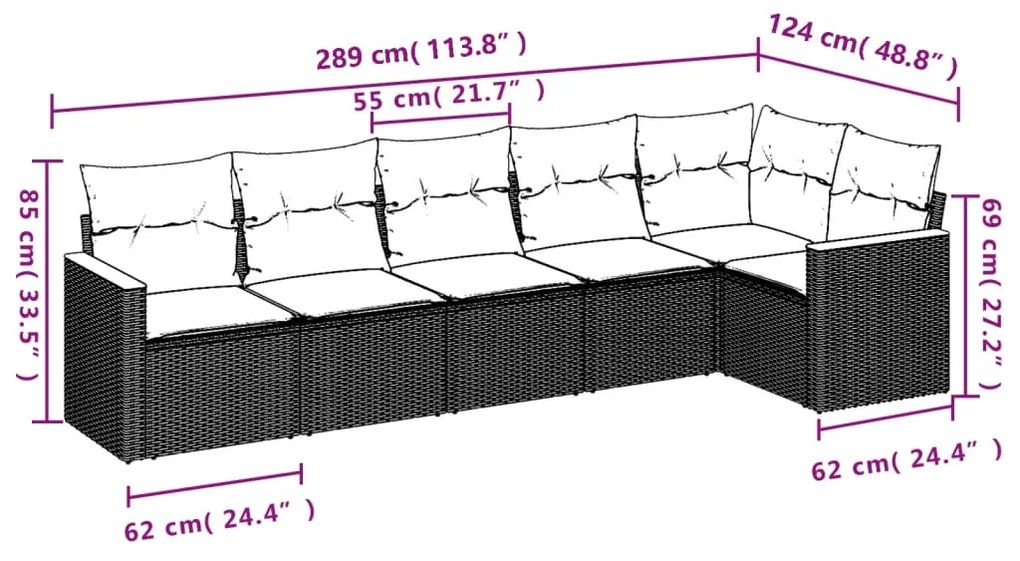 6 pcs conjunto sofás de jardim c/ almofadões vime PE preto