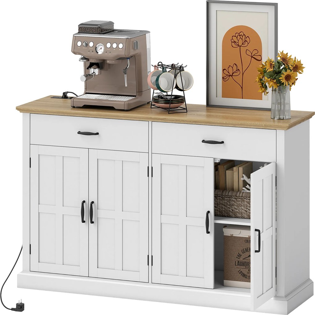 Aparador, móvel cozinha 140 x 40 x 91,5 cm com porta USB e tomada múltipla, com 2 armários com portas de estilo rústico, 2 gavetas e prateleiras ajust